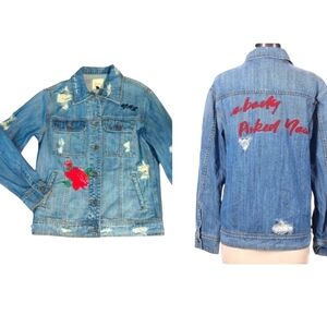 Hidden No Body Asked You embroidered distressed blue denim jeans jacket sz XS